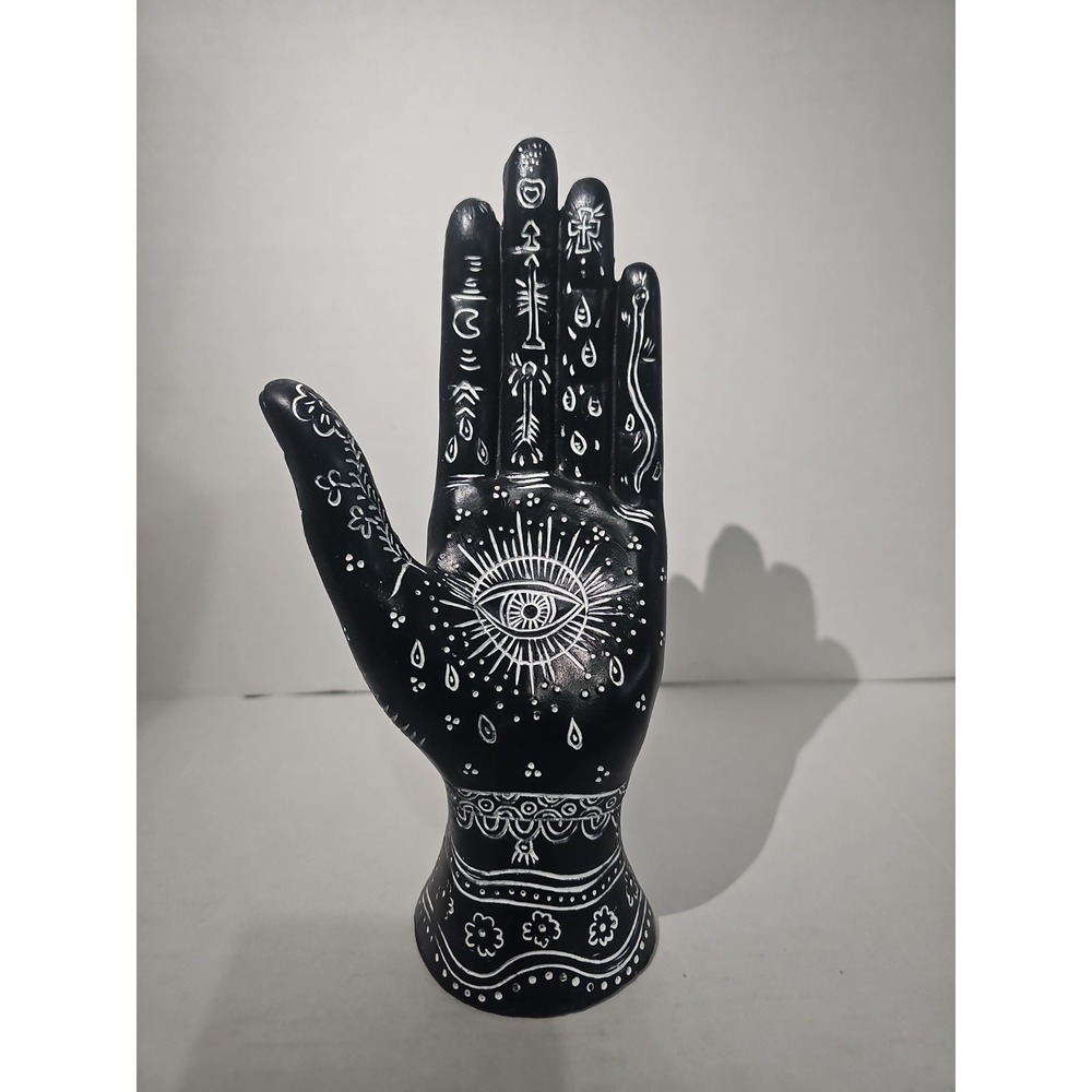 Black Ceramic Palmistry Hand Decor Eye Symbol Jewelry Holder Trinket Stand 9"